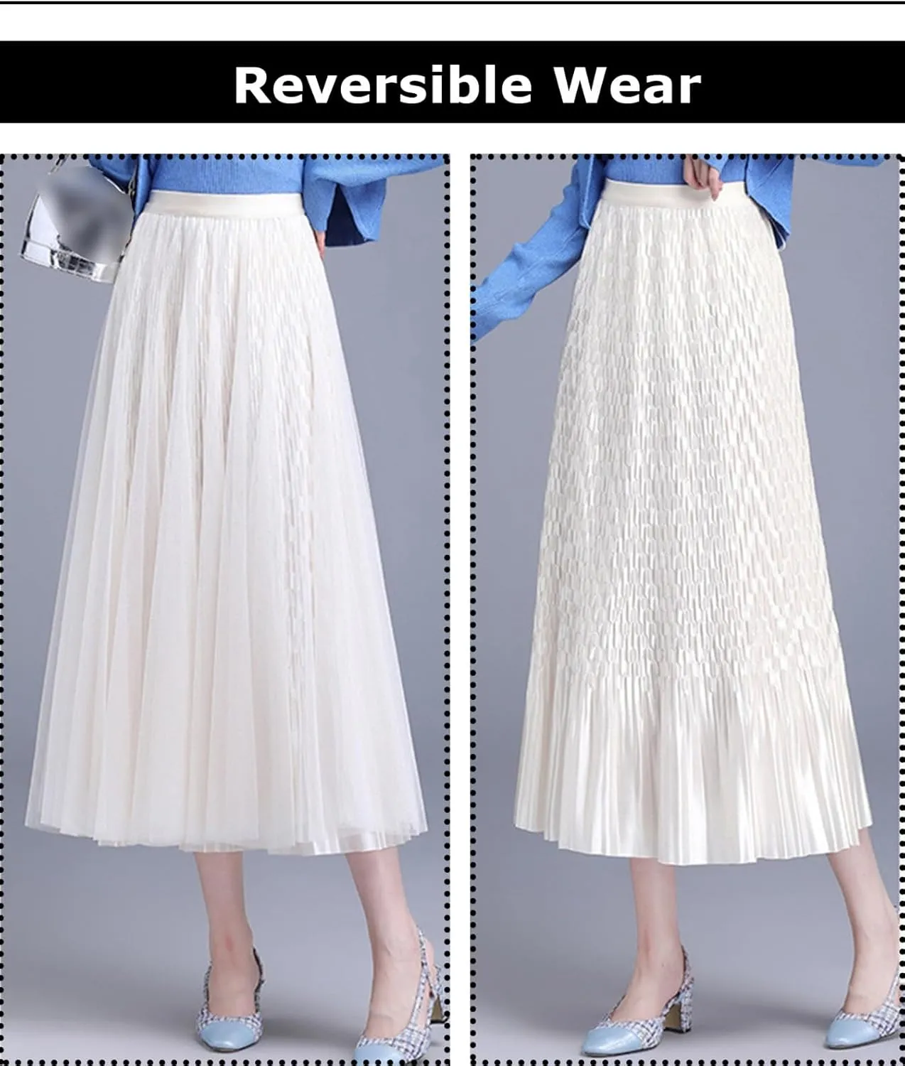 Women Reversible Tulle Long Skirt Trendy High Elastic Waist A Line Flowy Pleated Mesh Midi Skirt