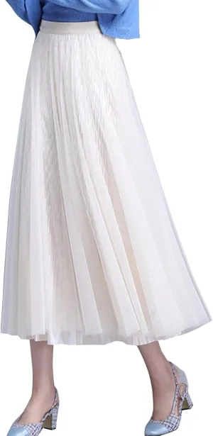Women Reversible Tulle Long Skirt Trendy High Elastic Waist A Line Flowy Pleated Mesh Midi Skirt