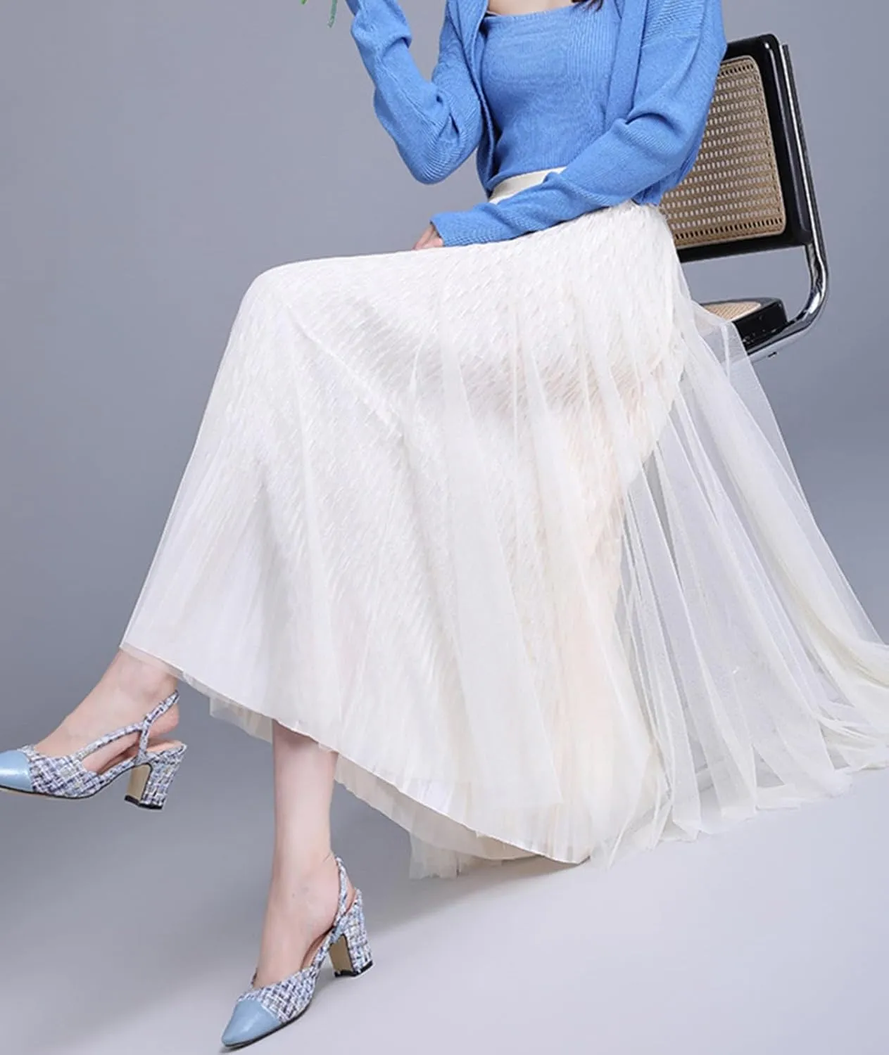 Women Reversible Tulle Long Skirt Trendy High Elastic Waist A Line Flowy Pleated Mesh Midi Skirt