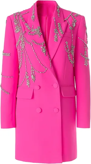 Women Rhinestone Beading Long Blazer Dress Jacket Luxury Shining Double Breasted Notched Collar Suit Fashion Outfit