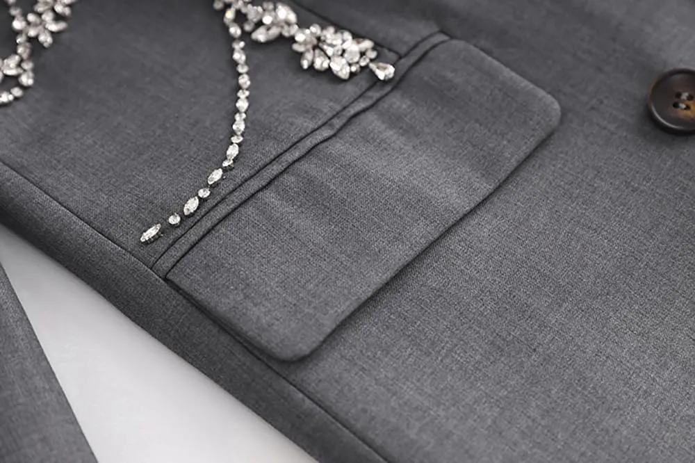 Women Rhinestone Beading Long Blazer Dress Jacket Luxury Shining Double Breasted Notched Collar Suit Fashion Outfit