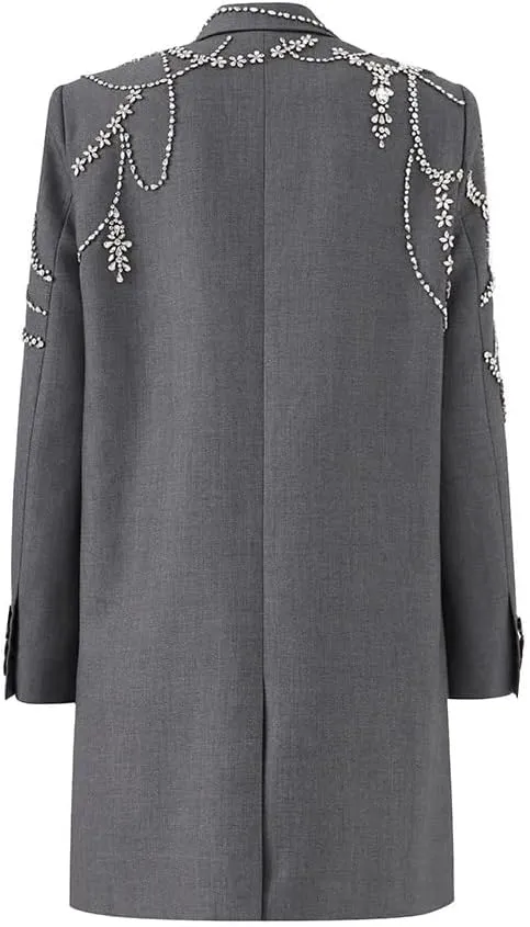 Women Rhinestone Beading Long Blazer Dress Jacket Luxury Shining Double Breasted Notched Collar Suit Fashion Outfit