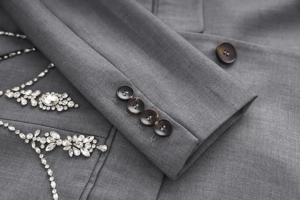 Women Rhinestone Beading Long Blazer Dress Jacket Luxury Shining Double Breasted Notched Collar Suit Fashion Outfit