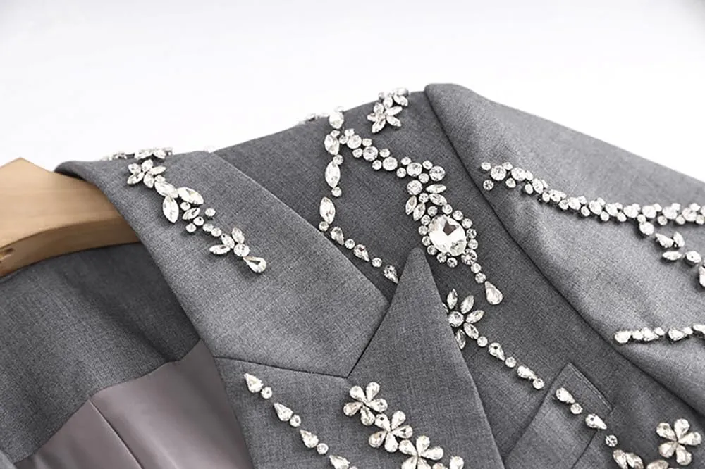 Women Rhinestone Beading Long Blazer Dress Jacket Luxury Shining Double Breasted Notched Collar Suit Fashion Outfit