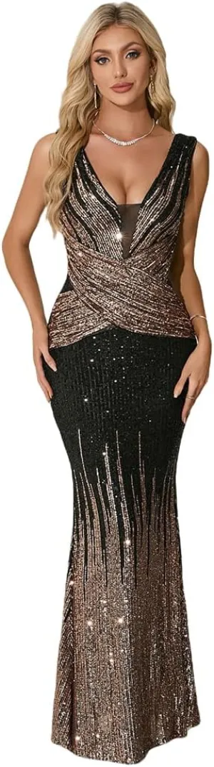 Women Sequin Bridesmaid Dress V-Neck Sleeveless Party Maxi Dress Mermaid Formal Evening Prom Gowns