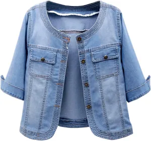 Women Short Denim Jacket Long Sleeve Round Neck Button Down Cropped Jean Jackets