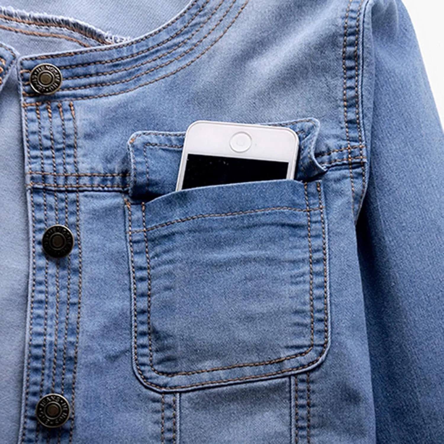 Women Short Denim Jacket Long Sleeve Round Neck Button Down Cropped Jean Jackets