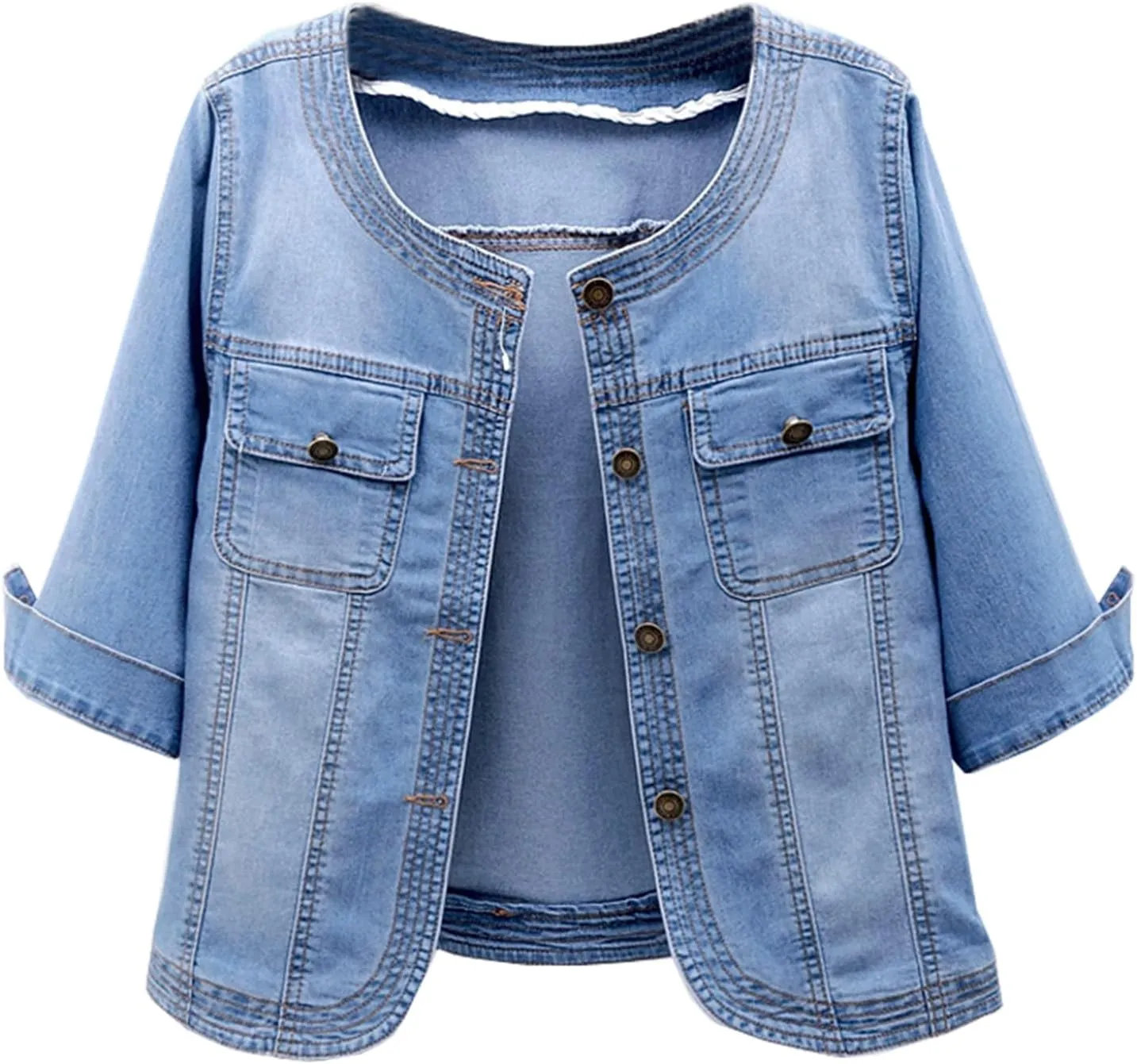 Women Short Denim Jacket Long Sleeve Round Neck Button Down Cropped Jean Jackets