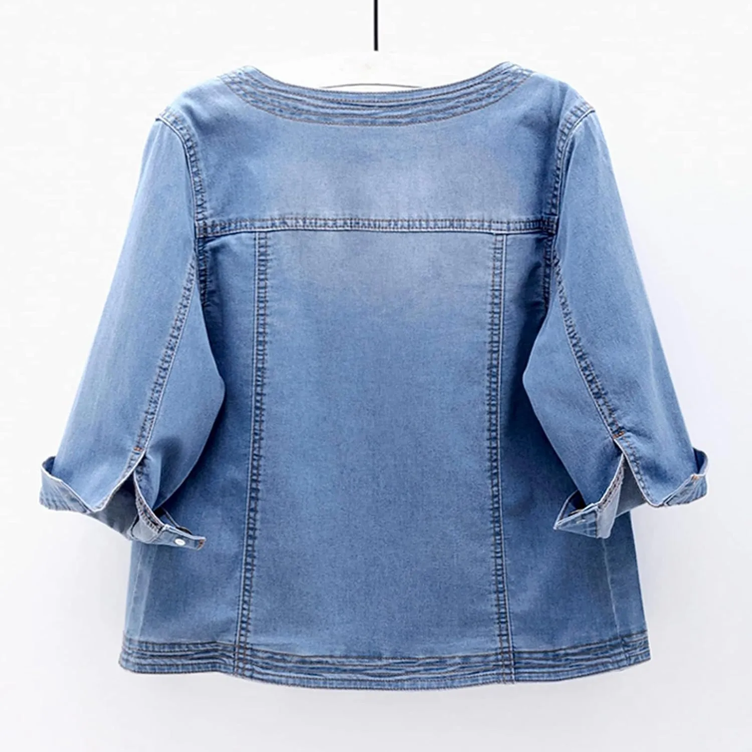 Women Short Denim Jacket Long Sleeve Round Neck Button Down Cropped Jean Jackets