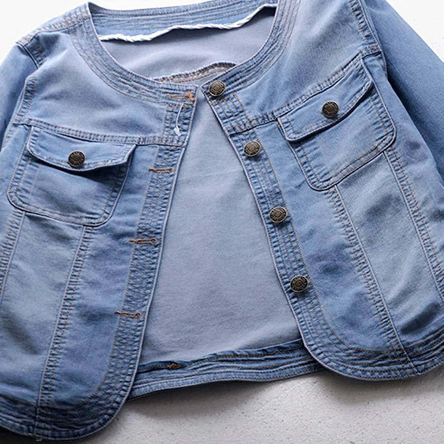 Women Short Denim Jacket Long Sleeve Round Neck Button Down Cropped Jean Jackets