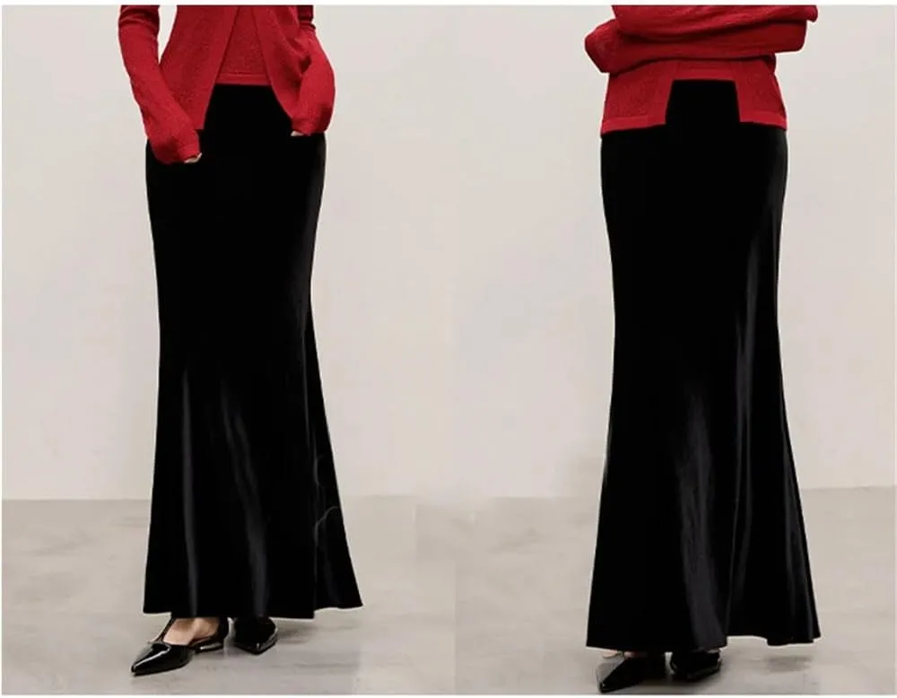 Women Silk Blend Fleece High Waist Skirts Solid Slim Long Skirt Vintage Retro Mermaid Skirt
