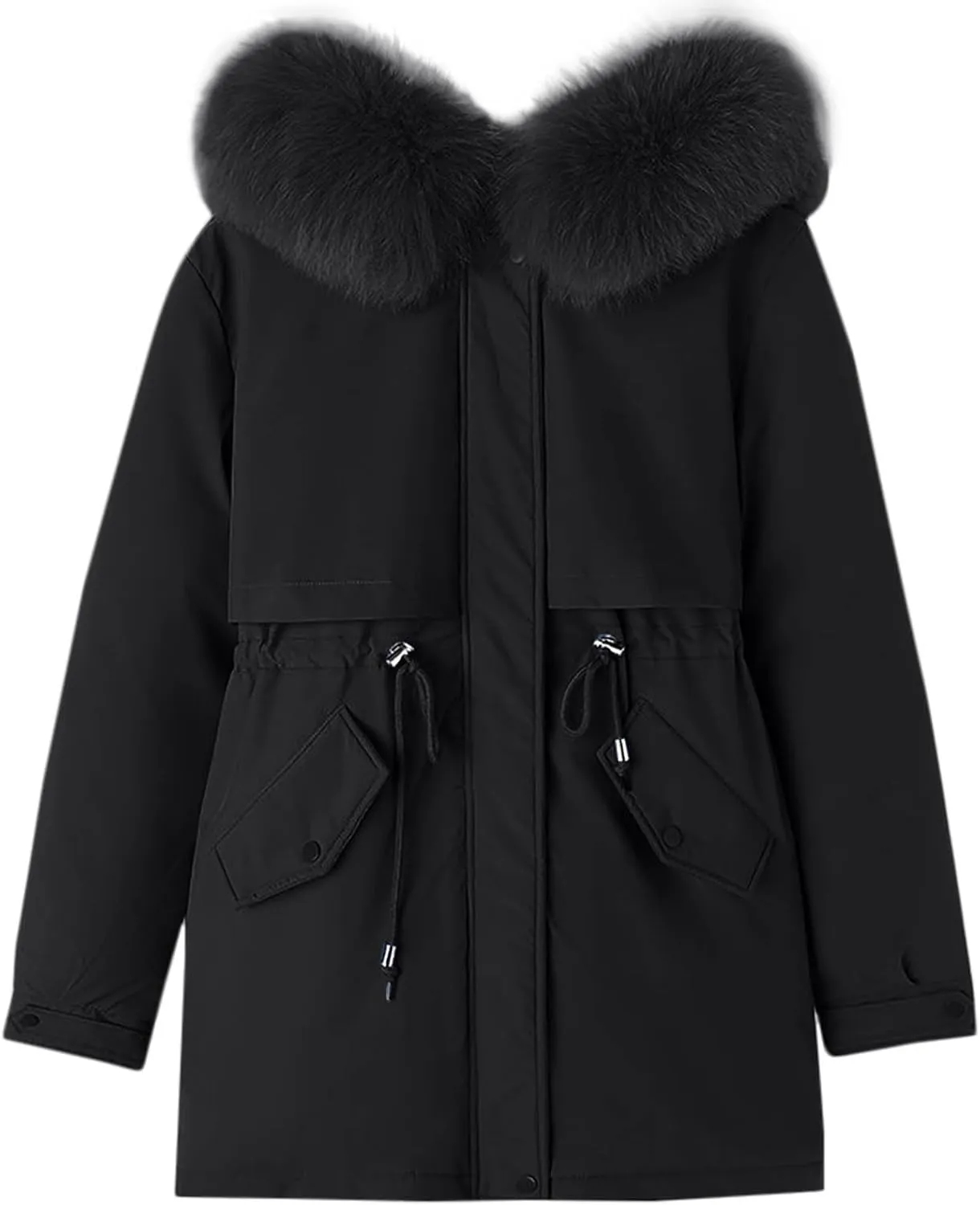 Women Snow Parkas Coat Plush Collar Windproof Winter Thicken Warm Windbreaker Jackets Long Sleeves Zip Trench Coat