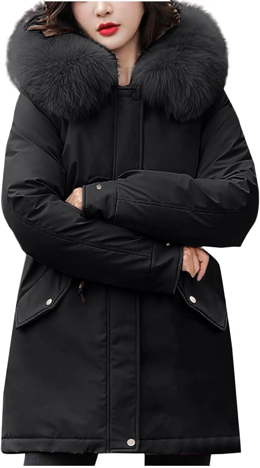 Women Snow Parkas Coat Plush Collar Windproof Winter Thicken Warm Windbreaker Jackets Long Sleeves Zip Trench Coat