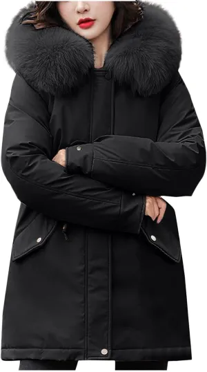 Women Snow Parkas Coat Plush Collar Windproof Winter Thicken Warm Windbreaker Jackets Long Sleeves Zip Trench Coat