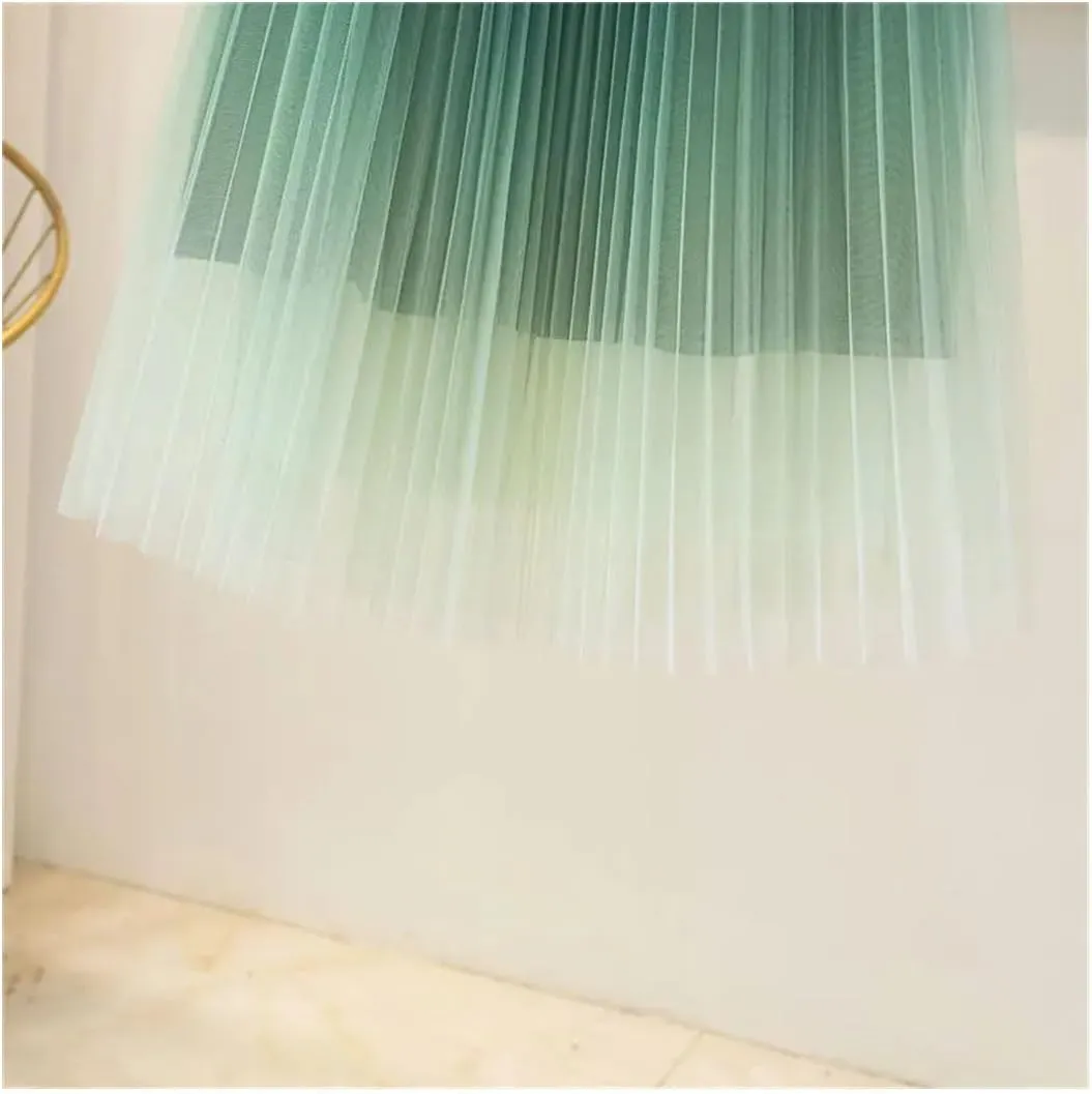Women Spring Summer Gradient Color Midi Pleated Skirts Elastic High Waist Mesh Tulle Skirts