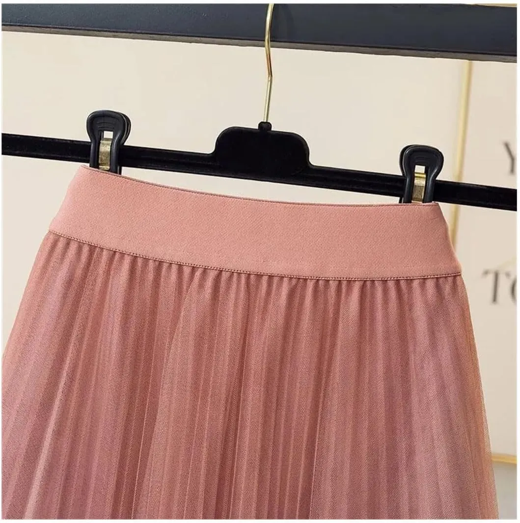 Women Spring Summer Gradient Color Midi Pleated Skirts Elastic High Waist Mesh Tulle Skirts