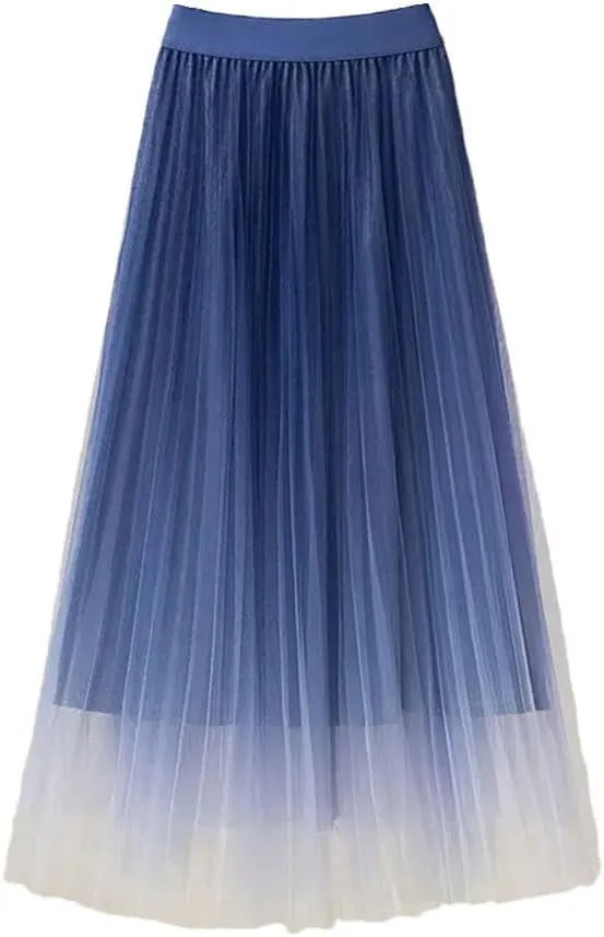Women Spring Summer Gradient Color Midi Pleated Skirts Elastic High Waist Mesh Tulle Skirts