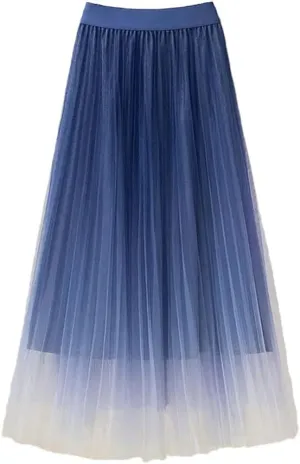 Women Spring Summer Gradient Color Midi Pleated Skirts Elastic High Waist Mesh Tulle Skirts