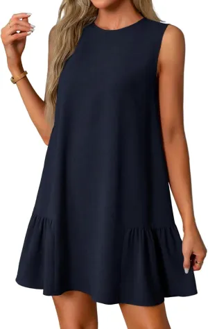 Women Summer Dress Solid Color Casual Sleeveless Tank Dresses Ruffle Hem Crewneck Loose Mini Dress