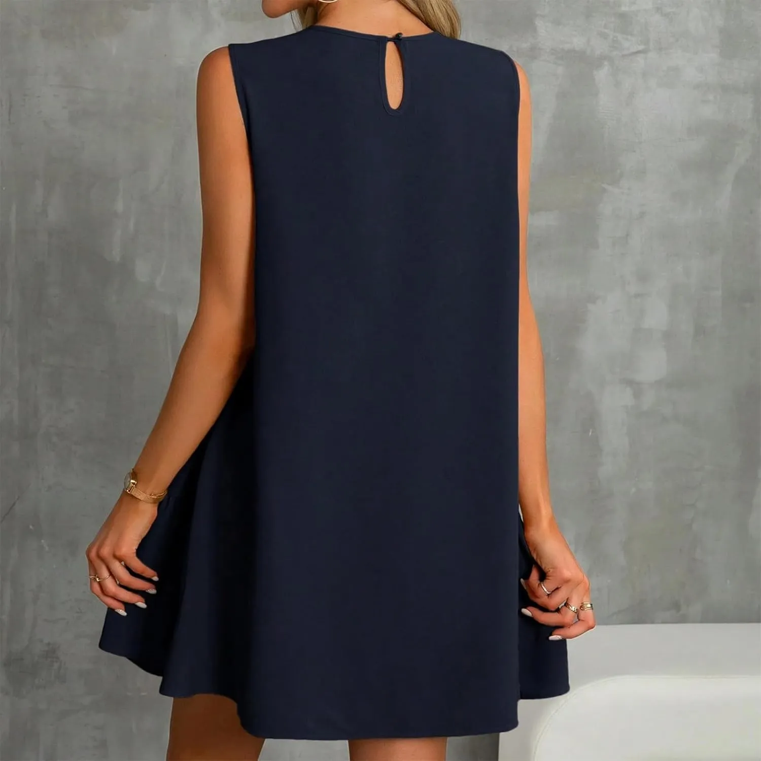 Women Summer Dress Solid Color Casual Sleeveless Tank Dresses Ruffle Hem Crewneck Loose Mini Dress
