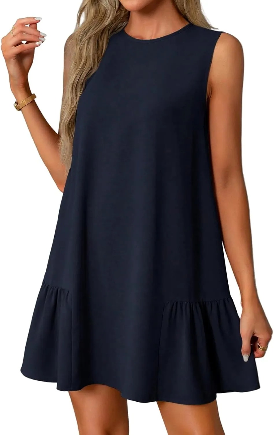 Women Summer Dress Solid Color Casual Sleeveless Tank Dresses Ruffle Hem Crewneck Loose Mini Dress