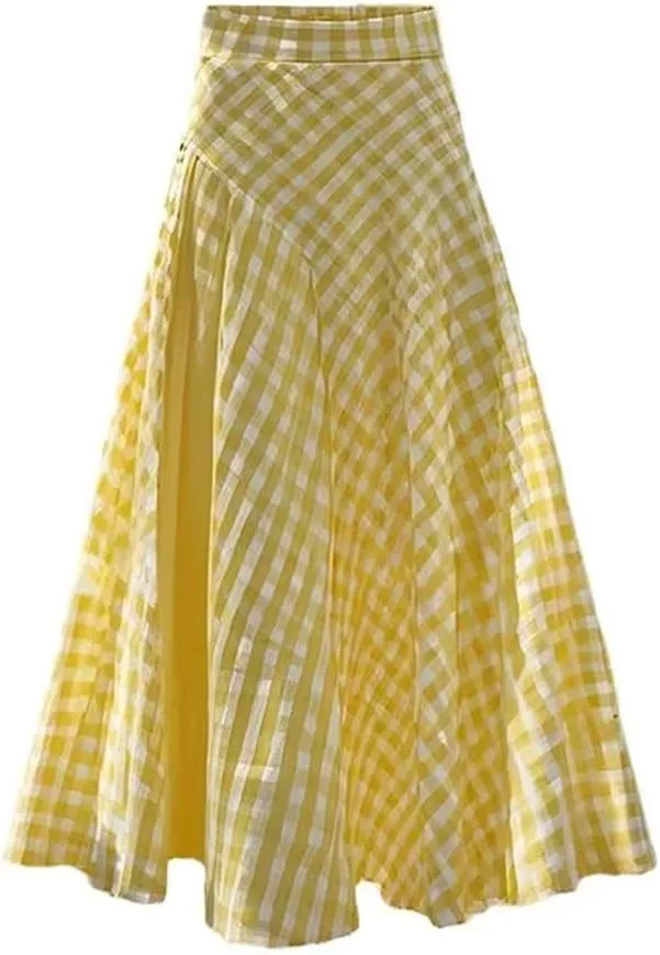 Women Summer Elegant A-Line Plaid Printed High Elastic Waist Midi Lub Skirt