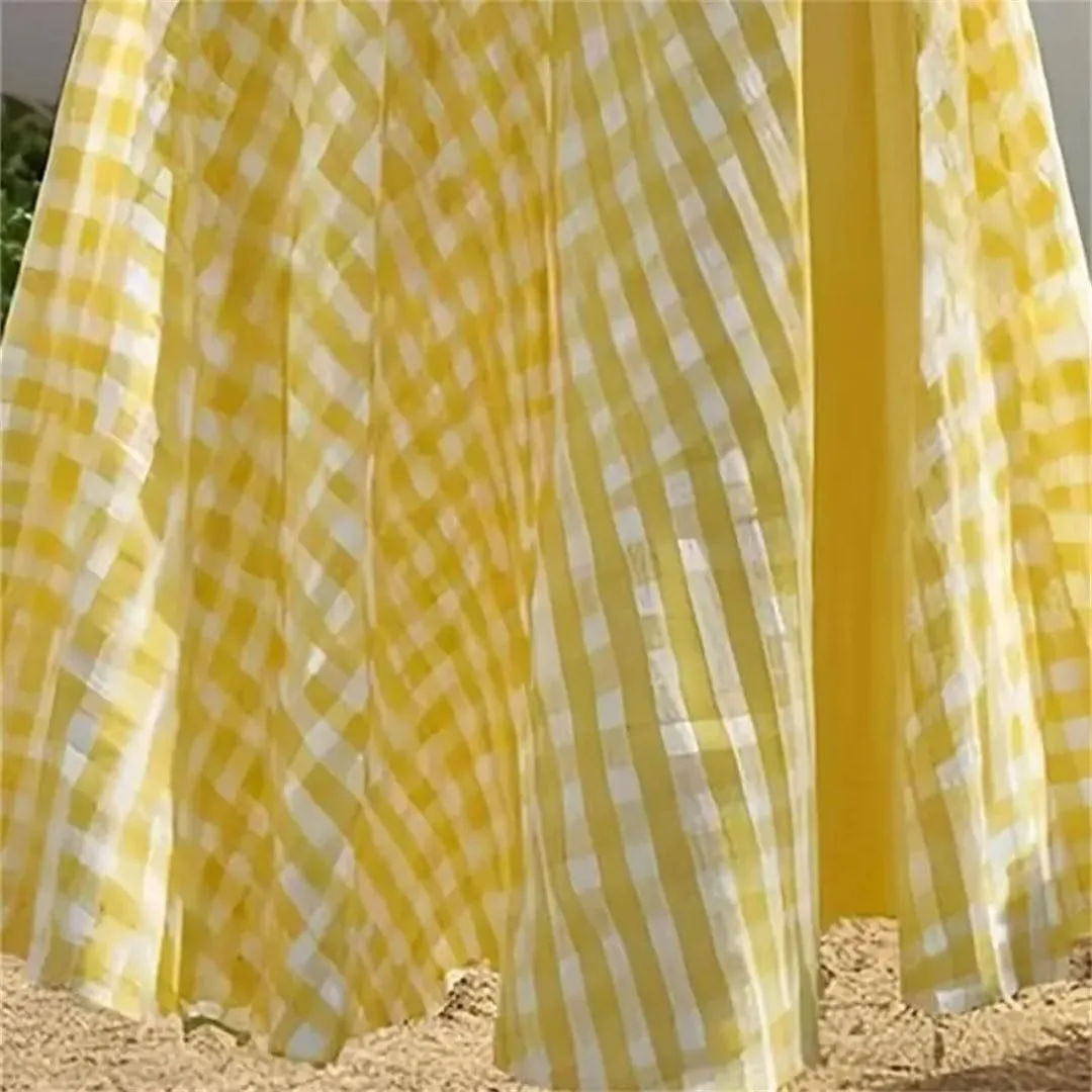 Women Summer Elegant A-Line Plaid Printed High Elastic Waist Midi Lub Skirt