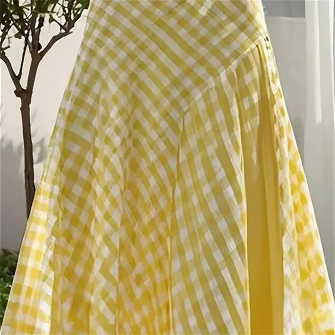 Women Summer Elegant A-Line Plaid Printed High Elastic Waist Midi Lub Skirt