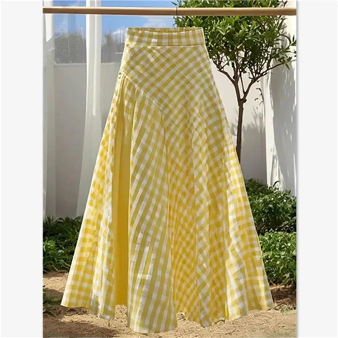 Women Summer Elegant A-Line Plaid Printed High Elastic Waist Midi Lub Skirt