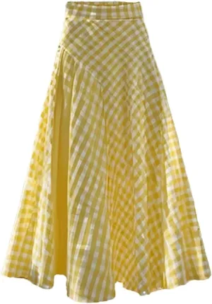 Women Summer Elegant A-Line Plaid Printed High Elastic Waist Midi Lub Skirt