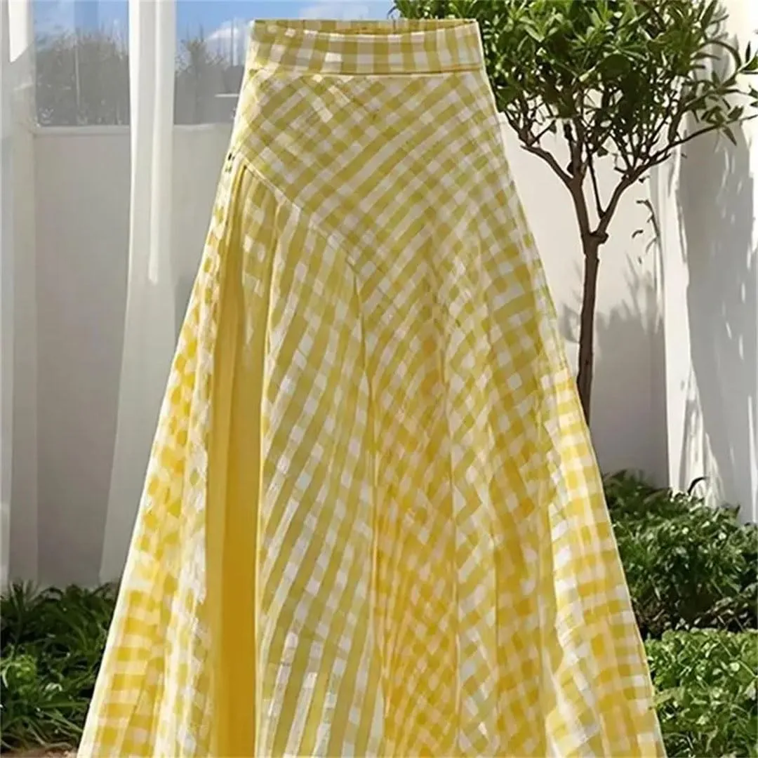 Women Summer Elegant A-Line Plaid Printed High Elastic Waist Midi Lub Skirt