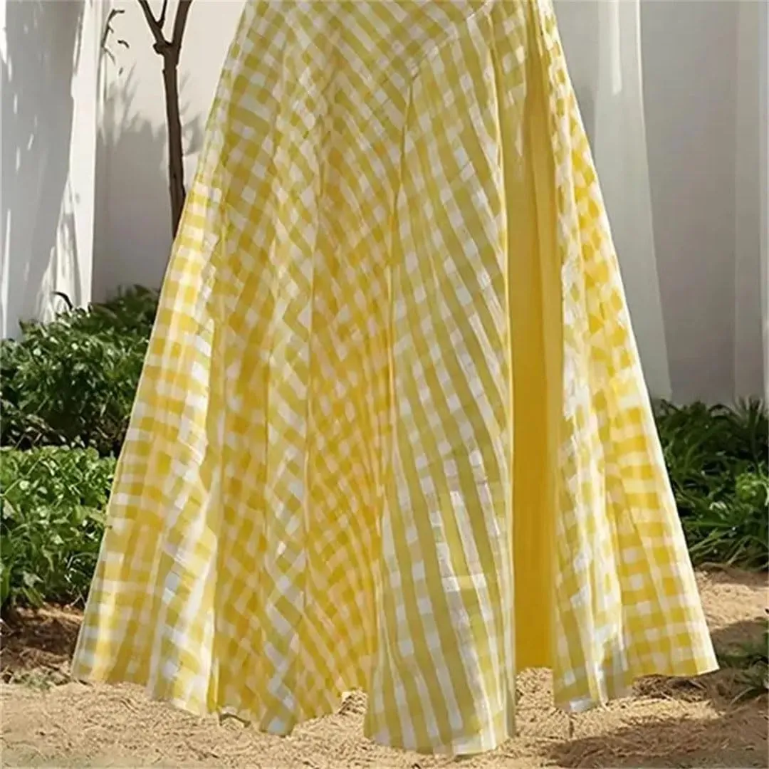 Women Summer Elegant A-Line Plaid Printed High Elastic Waist Midi Lub Skirt