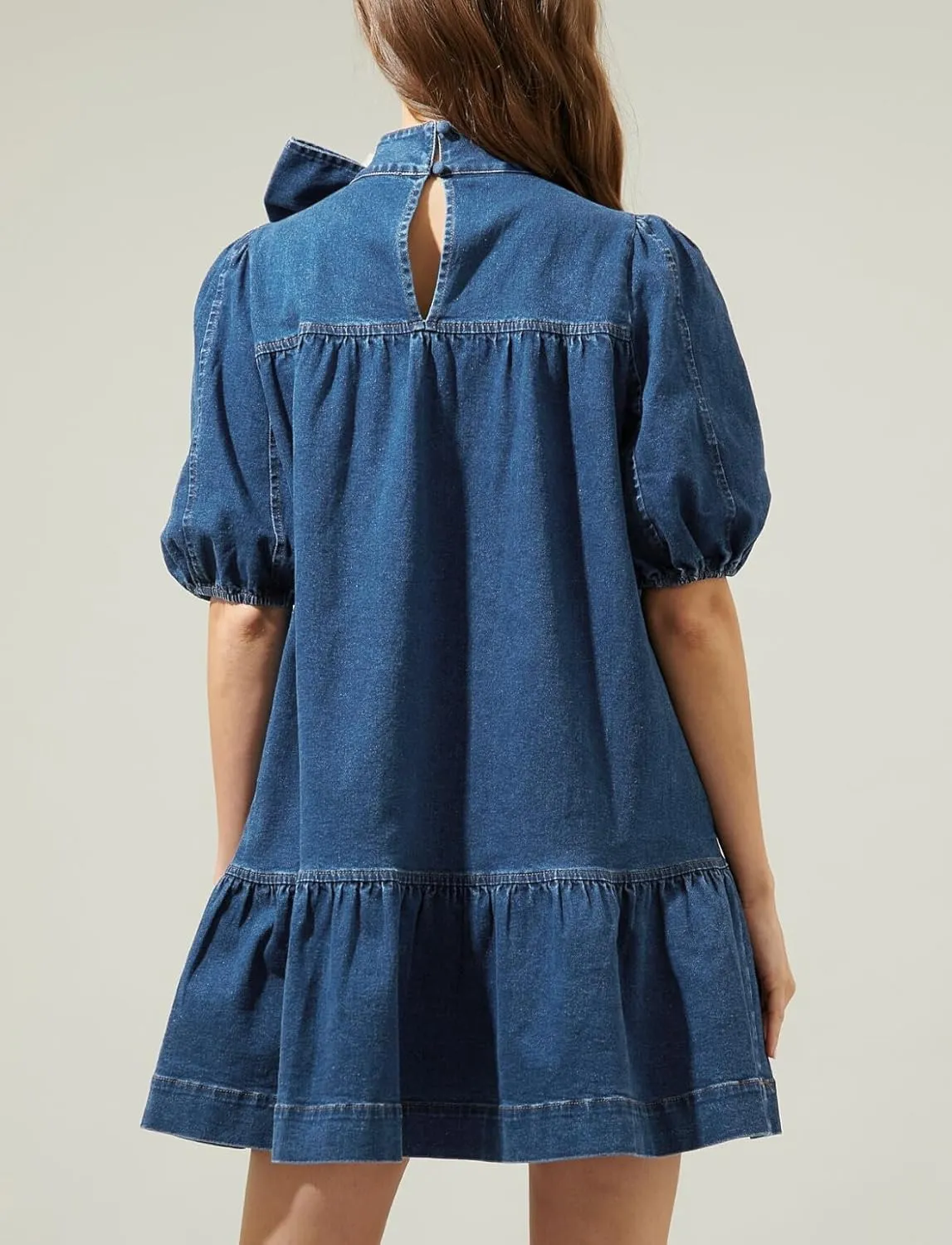 Women Summer Puff Short Sleeve Denim Dress Mock Neck Babydoll Jean Dress with Bow