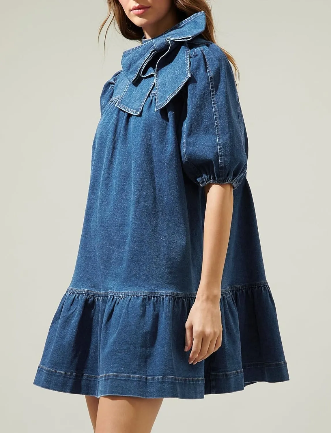 Women Summer Puff Short Sleeve Denim Dress Mock Neck Babydoll Jean Dress with Bow