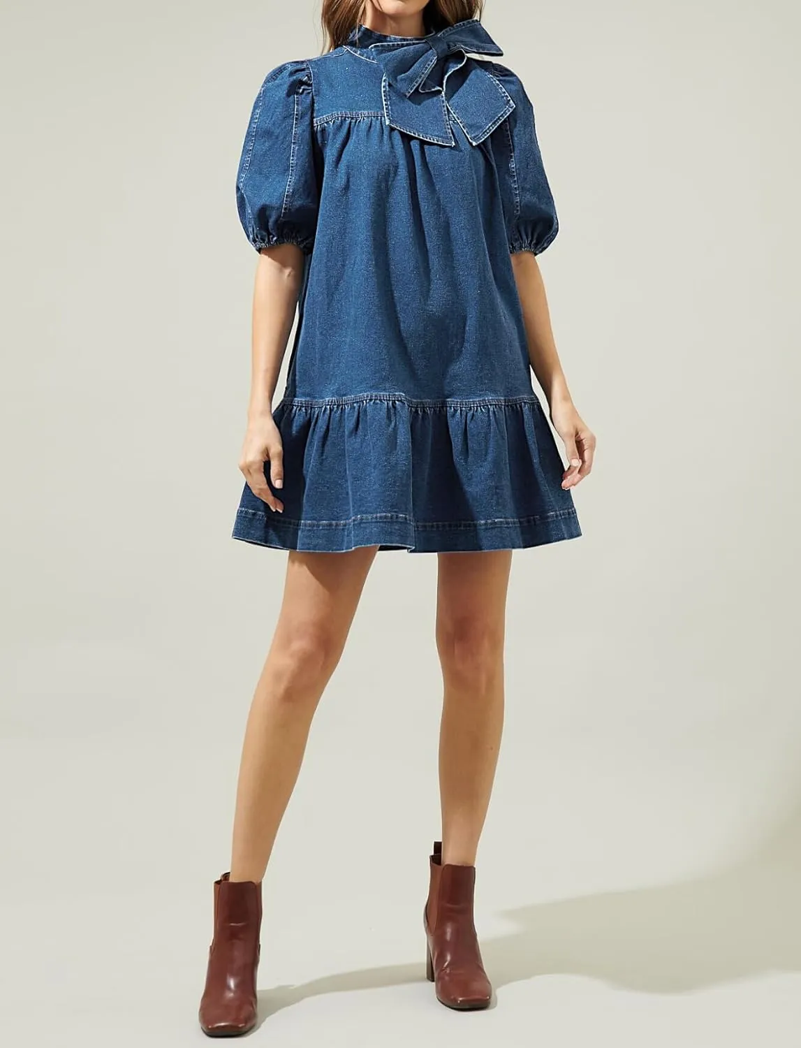 Women Summer Puff Short Sleeve Denim Dress Mock Neck Babydoll Jean Dress with Bow