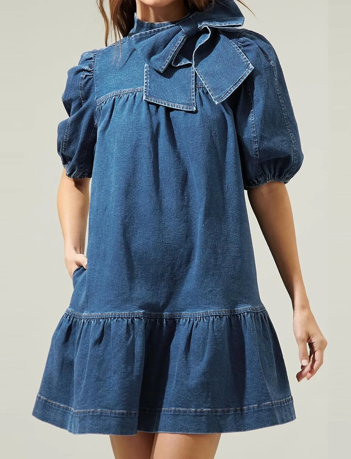 Women Summer Puff Short Sleeve Denim Dress Mock Neck Babydoll Jean Dress with Bow