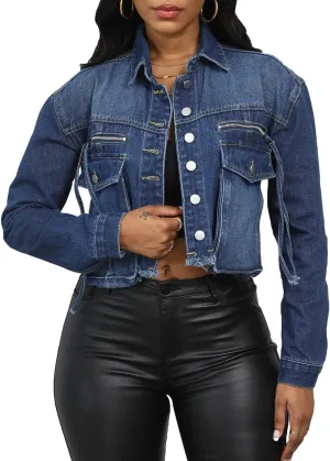 Women Trendy Frayed Button Down Denim Jackets Long Sleeve Casual Fashion Loose Jean Coats with Pockets