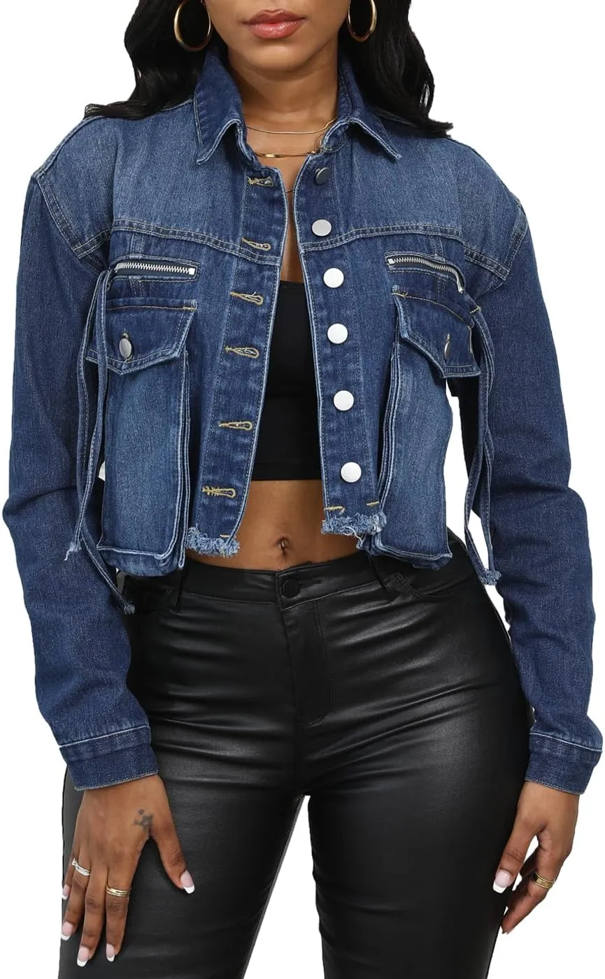 Women Trendy Frayed Button Down Denim Jackets Long Sleeve Casual Fashion Loose Jean Coats with Pockets