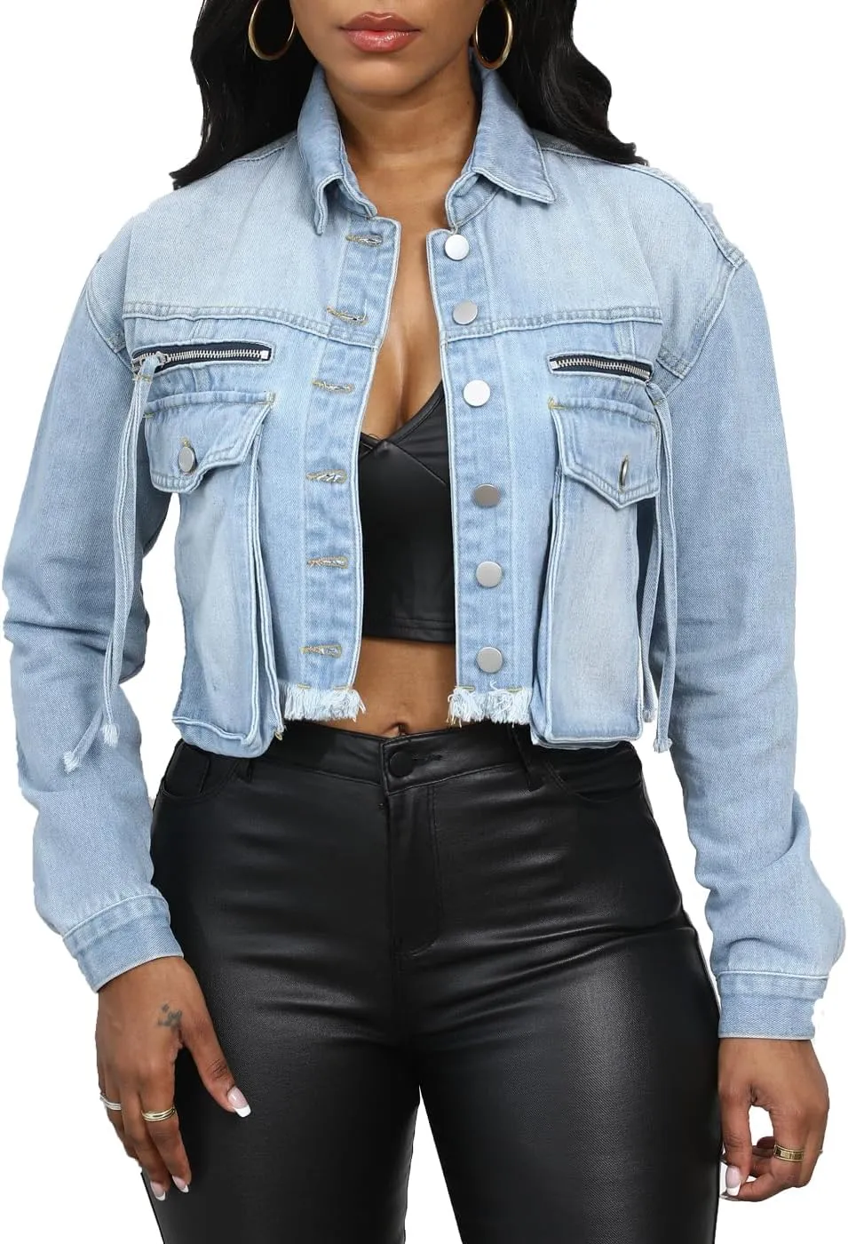 Women Trendy Frayed Button Down Denim Jackets Long Sleeve Casual Fashion Loose Jean Coats with Pockets