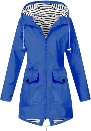 Women Waterproof Jacket Lightweight Long Hooded Raincoat Lined Windbreaker Jacket Zip Up Coat