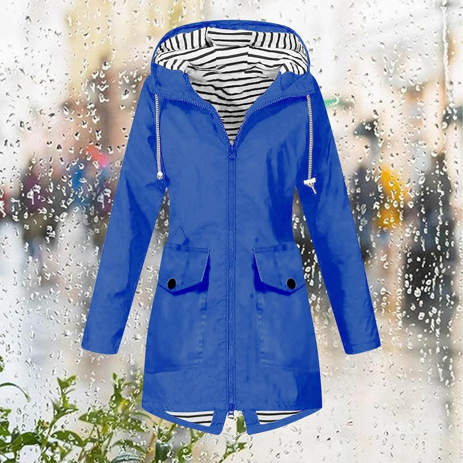 Women Waterproof Jacket Lightweight Long Hooded Raincoat Lined Windbreaker Jacket Zip Up Coat