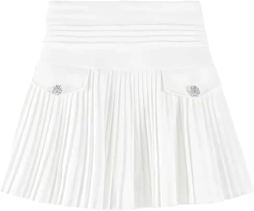 Women White Pleated Skirts Sexy Slim College High Waist Mini Metal Letter Line Clubwear