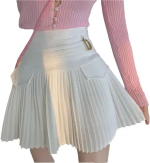 Women White Pleated Skirts Sexy Slim College High Waist Mini Metal Letter Line Clubwear