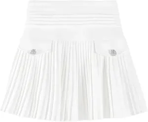 Women White Pleated Skirts Sexy Slim College High Waist Mini Metal Letter Line Clubwear