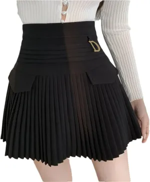 Women White Pleated Skirts Sexy Slim College High Waist Mini Metal Letter Line Clubwear