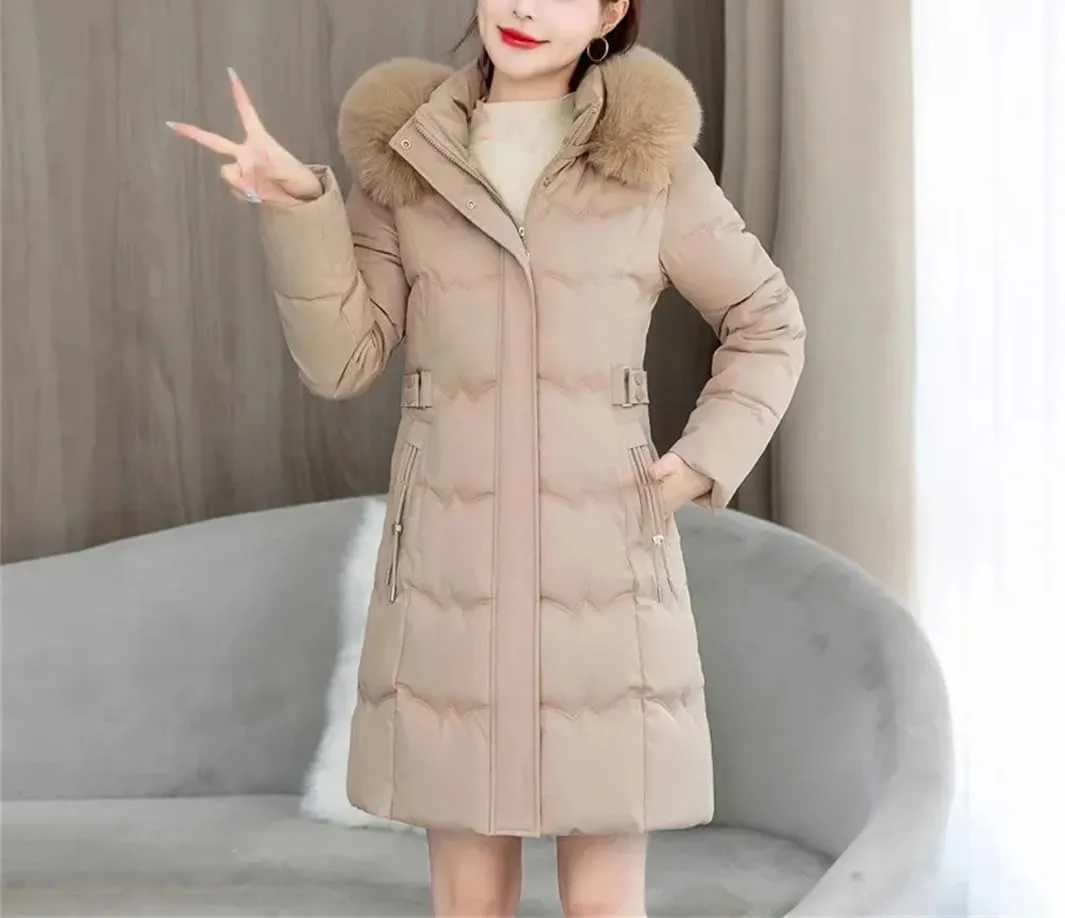 Women Winter Parkas Cotton Jacket Big Furry Collar Hooded Fashion Mid-Length Thick Padded Coat Slim Overcoat