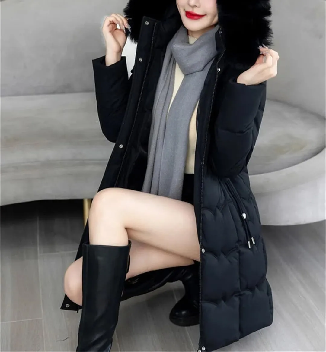 Women Winter Parkas Cotton Jacket Big Furry Collar Hooded Fashion Mid-Length Thick Padded Coat Slim Overcoat