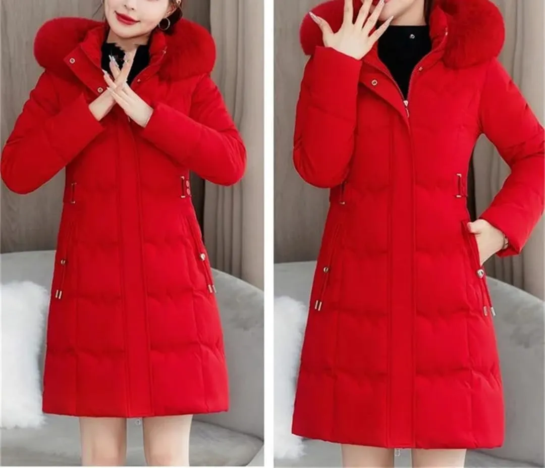 Women Winter Parkas Cotton Jacket Big Furry Collar Hooded Fashion Mid-Length Thick Padded Coat Slim Overcoat