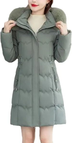 Women Winter Parkas Cotton Jacket Big Furry Collar Hooded Fashion Mid-Length Thick Padded Coat Slim Overcoat