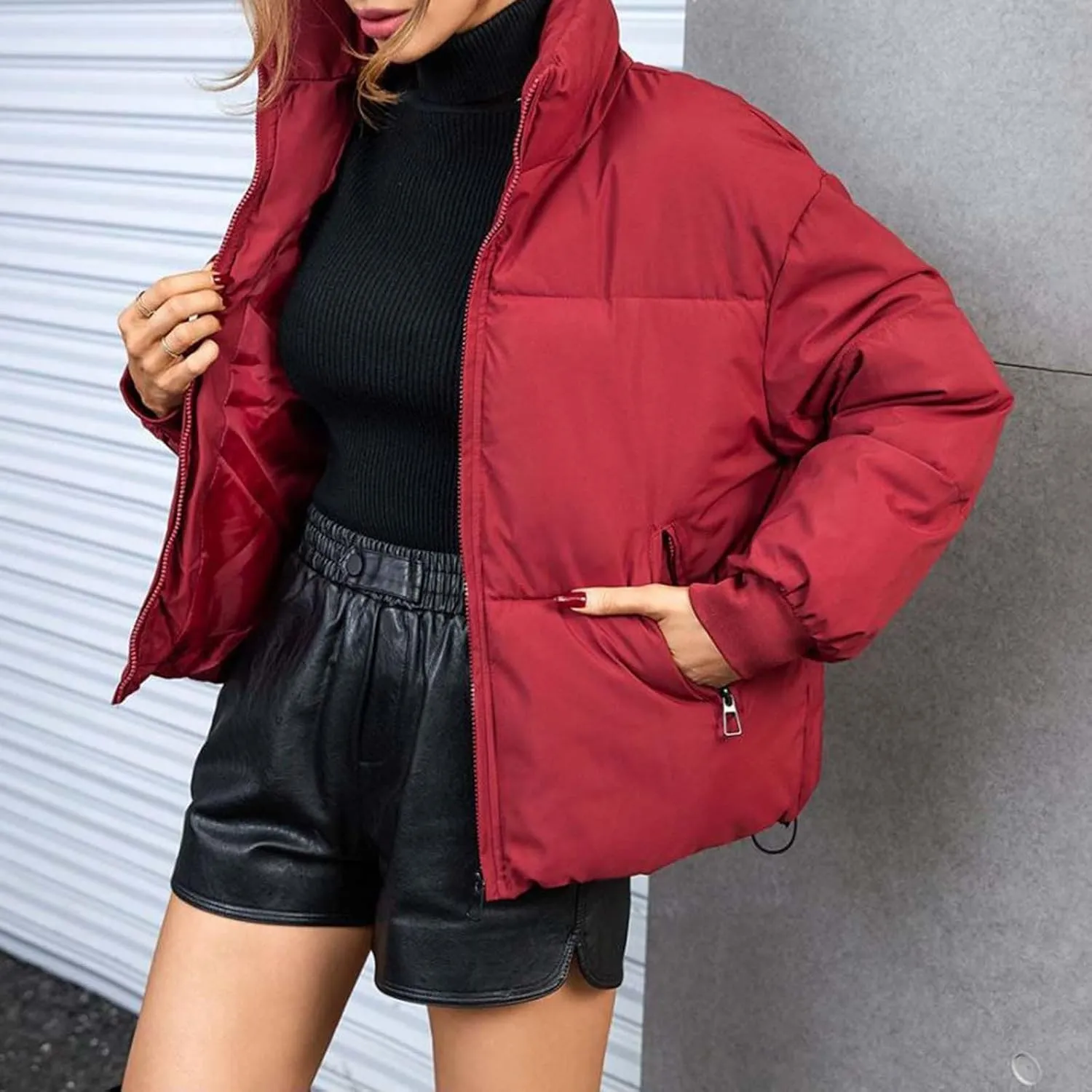 Women Winter Puffer Jacket Stand Collar Zip Up Quilted Outwear Baggy Packable Short Down Coats